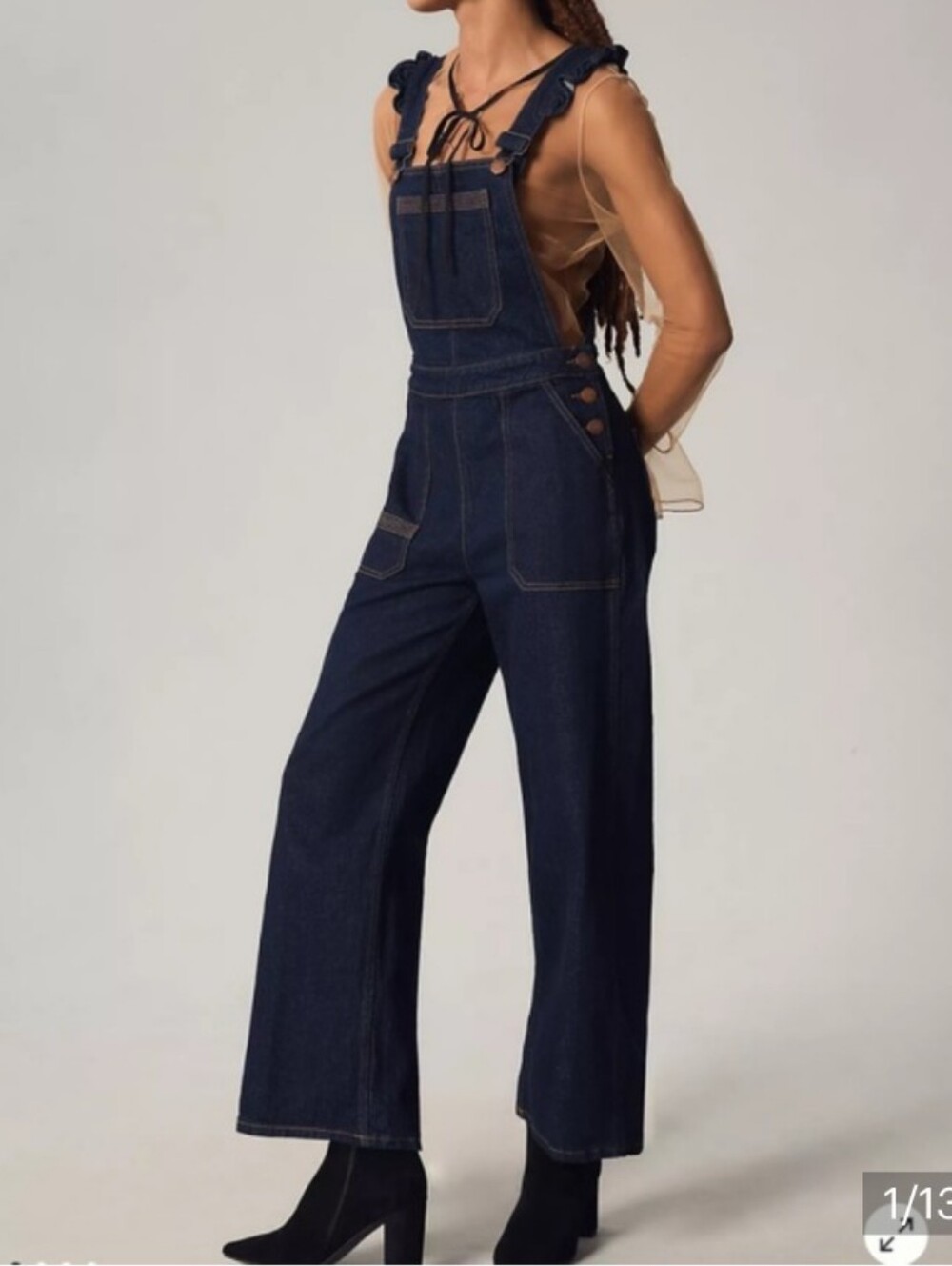 Seventy + Mochi Elodie Frill Ruffle Overalls Dark Indigo Organic Cotton Anthro